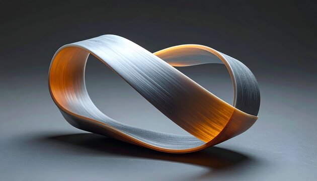 A metallic, twisted Mobius strip sculpture lit with golden light