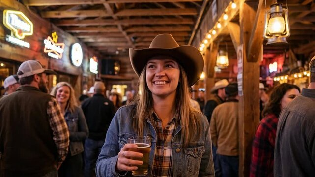 Smiling young woman in a cowboy hat holding a glass of beer at a crowded rustic country bar with lantern lighting