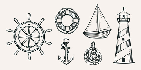 Nautical themed sketch featuring a ship s wheel lighthouse and sailing vessel © ShibuProsad