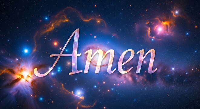 Cosmic amen inspirational text against a nebula and starfield background