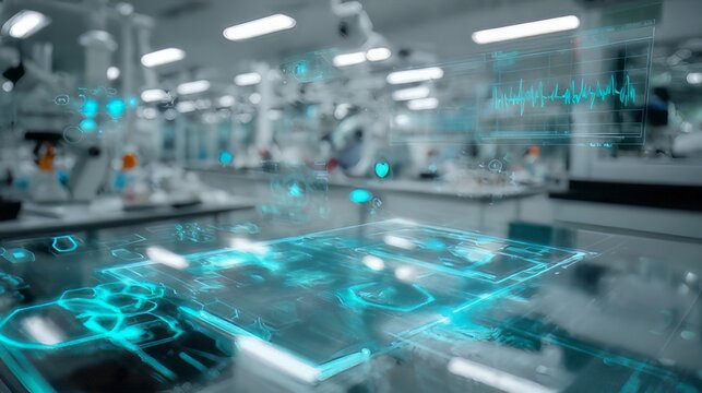 High tech medical or laboratory setting featuring a transparent digital interface labeled "Neural Pathway Analysis."