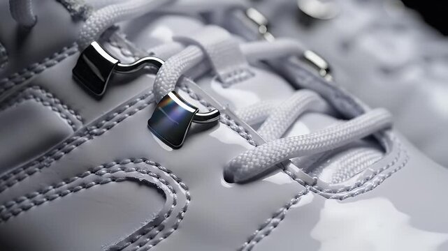 Close-up of white sneaker with white laces and metal eyelets glossy surface