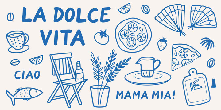 Italian summer themed doodle illustration with food drink and leisure items