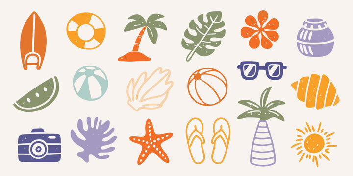 A colorful collection of summer themed illustrations and beach accessories
