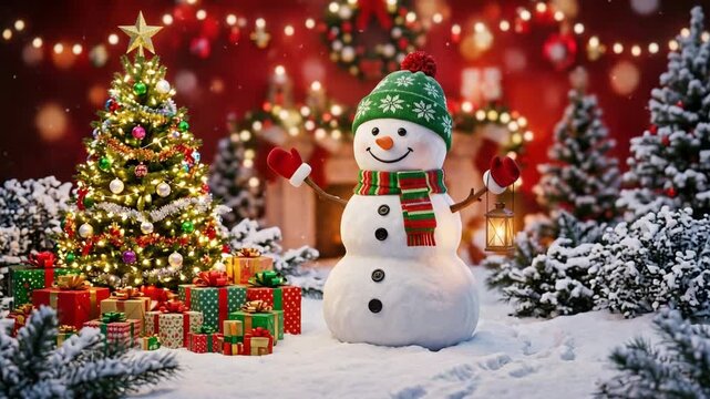 Cute snowman with green hat and red mittens holding lantern next to decorated Christmas tree with gifts in snowy scene