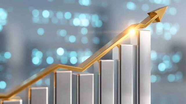Golden Arrow Ascending: A golden arrow gracefully ascends above a bar graph, signifying the consistent growth and positive progress in the world of finance and economy.