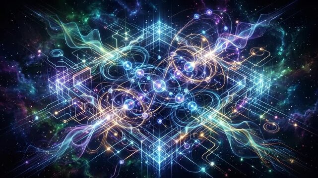 Quantum computing visualization with glowing circuit patterns and atomic structures in a deep space nebula