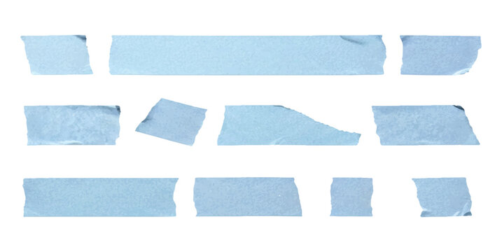 Set of light blue adhesive masking tape strips isolated on white