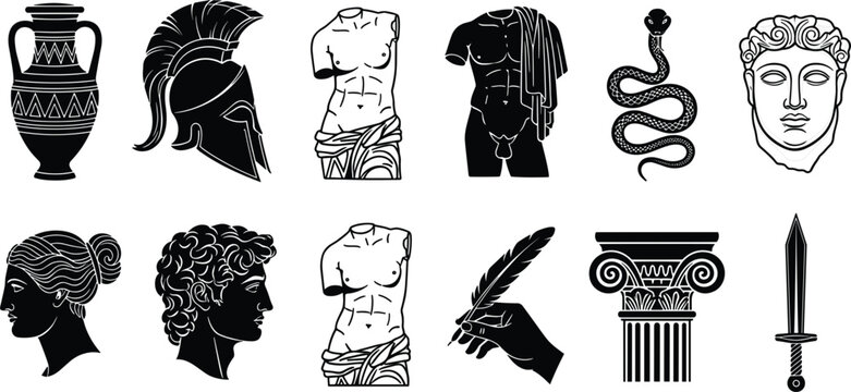 Ancient Greek and Roman silhouette icons featuring marble statues classical columns spartan helmets and mythology symbols vector collection for dark academia and history design.