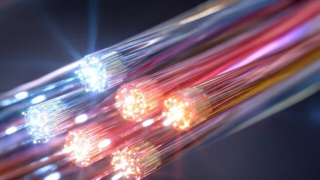 Illuminated Fiber Optic Cables: A close-up view of a bundle of illuminated fiber optic cables, showcasing the vibrant light transmission through the transparent strands.