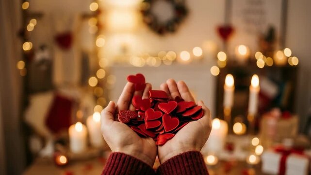Hands holding a pile of red hearts against a festive warm background with flickering candles and golden bokeh lights