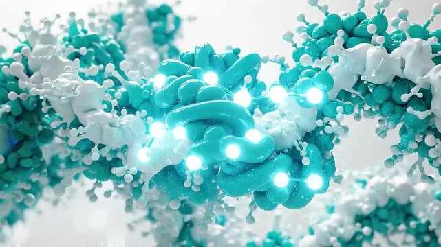 Scientific molecular video of ASXL1 protein structure and chromatin remodeling mechanism, 3D protein folding diagram, molecular bonds visualization, epigenetic regulation pathway
