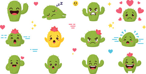 Cute cactus emotions set with funny facial expressions, happy, sad and angry moods, adorable plant cartoon characters vector illustration collection © Yevhenii creative