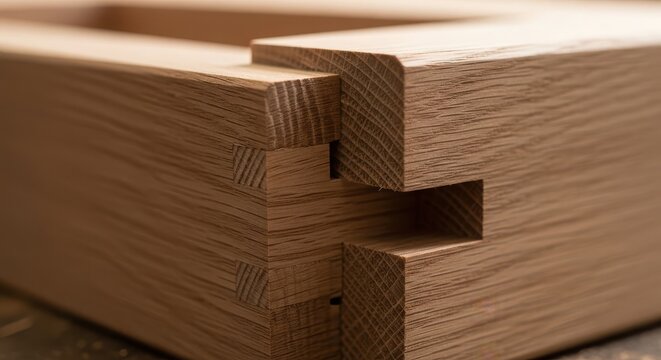 Close-up of light oak wood planks with tongue and groove joint for flooring or furniture construction