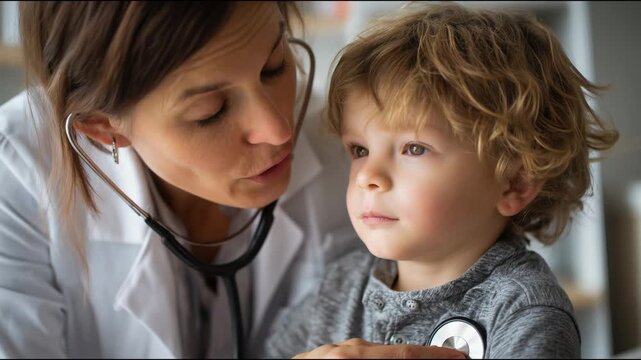 Professional pediatric medical setting, compassionate doctor examining a child with Bohring-Opitz Syndrome, advanced hospital interior