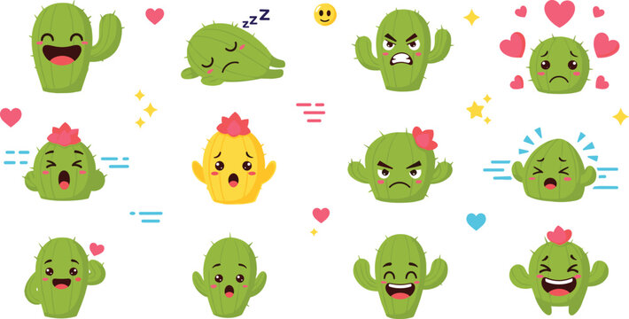 Cute cactus emotions set with funny facial expressions, happy, sad and angry moods, adorable plant cartoon characters vector illustration collection