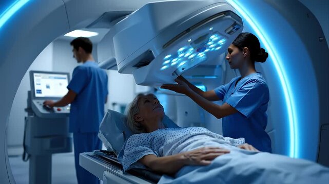 A calm patient lying on a radiation therapy machine table in a modern oncology center, medical staff carefully positioning equipment, advanced linear accelerator in background