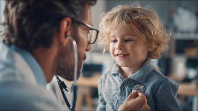 Professional pediatric medical setting, compassionate doctor examining a child with Bohring-Opitz Syndrome, advanced hospital interior