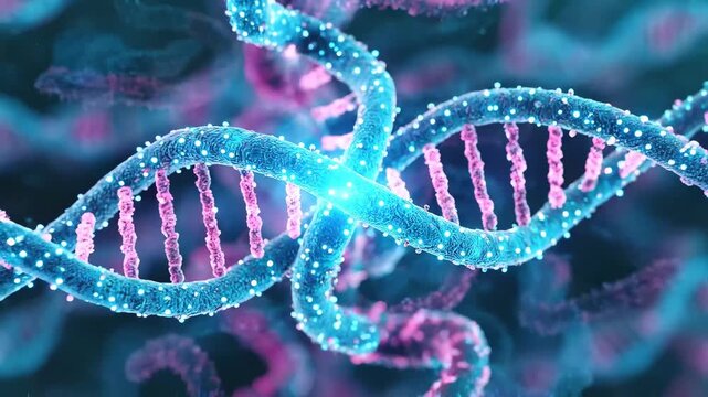 Video close-up of human chromosomes and DNA double helix structure under advanced fluorescence microscope, vivid blue and purple tones, scientific visualization, laboratory environment