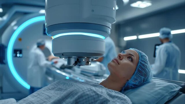 A calm patient lying on a radiation therapy machine table in a modern oncology center, medical staff carefully positioning equipment, advanced linear accelerator in background