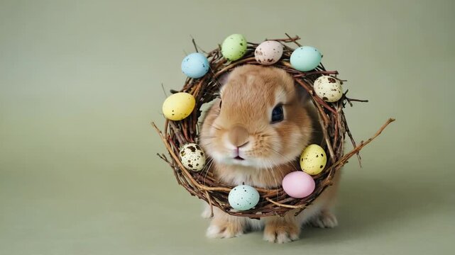 Cute little rabbit wearing a decorative easter wreath made of twigs and colorful eggs. Charming spring holiday concept featuring an adorable pet perfect for seasonal greetings