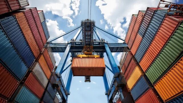 Container crane lifting a cargo container at a busy shipping port, surrounded by stacked freight containers under a clear blue sky. Global logistics, international trade and supply chain concept.