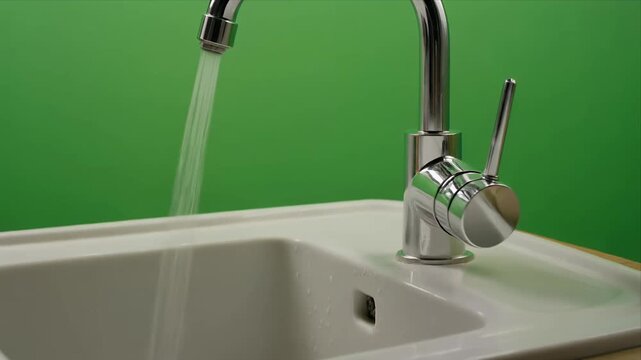 Modern chrome kitchen faucet running water over white sink.
