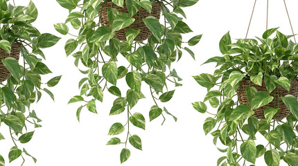 Obraz premium Three hanging baskets filled with lush green and white variegated Pothos plants cascading downwards.