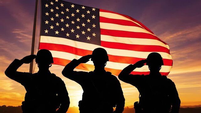 Soldiers saluting American flag at sunset