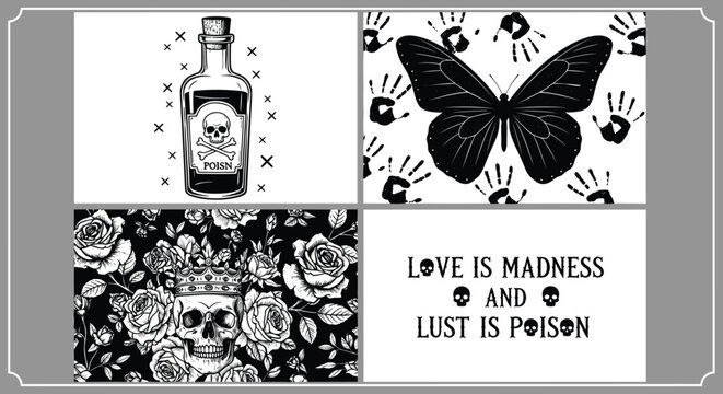 Dark gothic vector collection featuring poison bottle illustration butterfly with handprints skull and roses pattern and romantic macabre quote for edgy artistic design.