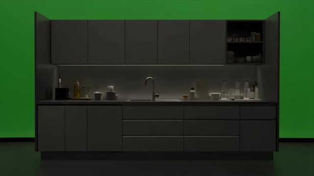 Modern gray kitchen cabinets with LED undercabinet lighting dimming sequence.