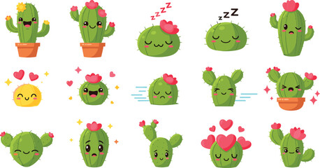 Cute cactus emotions set with funny plant characters, happy, sad and love expressions, adorable cartoon succulents vector illustration collection © Yevhenii creative