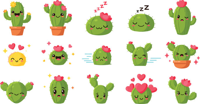Cute cactus emotions set with funny plant characters, happy, sad and love expressions, adorable cartoon succulents vector illustration collection