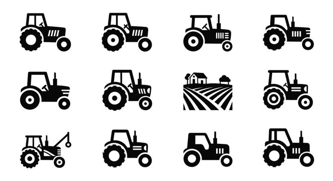 Tractor icon collection for agriculture and farming showing various heavy machinery models field landscape and farm house symbols for rural industry and cultivation equipment design on white vector