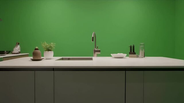 Modern minimalist kitchen island with green walls.