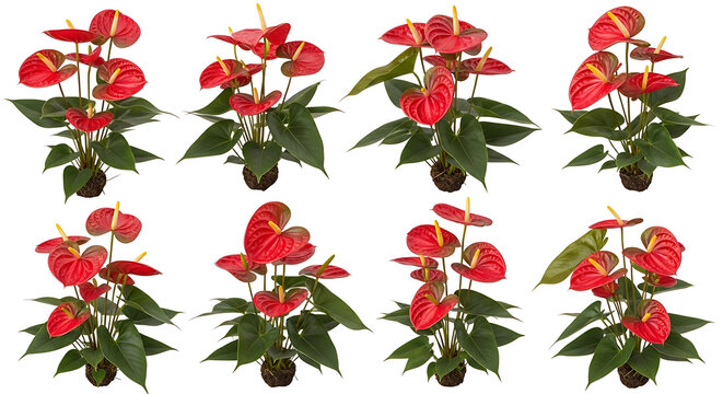 A collection of eight vibrant red anthurium plants with glossy green leaves, showcasing their unique heart-shaped spathes and spadices.