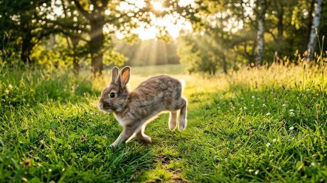Brown rabbit hopping through a green meadow during golden sunset with warm sun rays filtering through trees