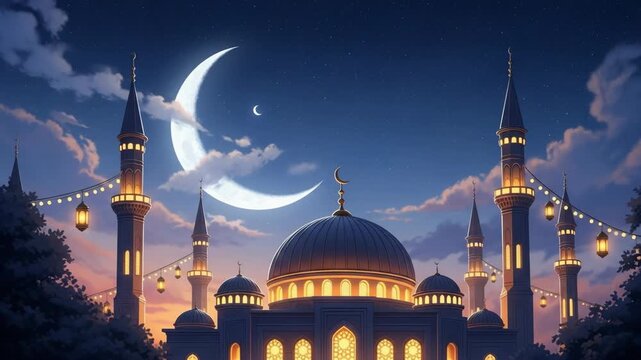 Islamic mosque with illuminated minarets and domes under a giant crescent moon at sunset