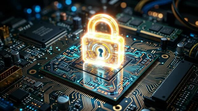 Glowing orange digital padlock icon on a computer processor chip for cyber security and data protection concept