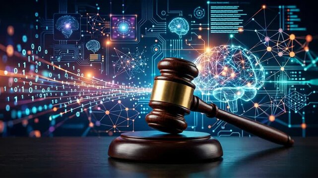 Wooden judge gavel on sound block with futuristic digital neural networks and artificial intelligence circuits background