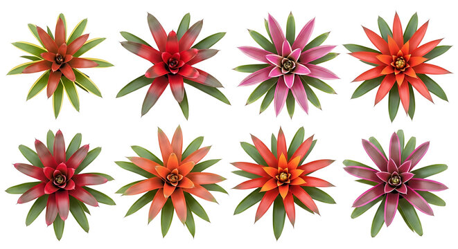 A collection of eight vibrant bromeliad plants arranged in two rows against a white background.
