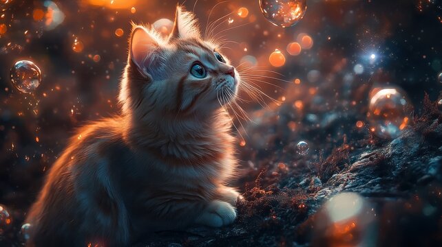 Surreal vision, a cat in a dreamlike setting with floating elements, imaginative colors, and surreal, otherworldly imagery.