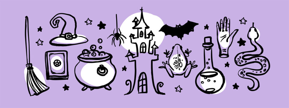 Halloween magic doodle set. Occult symbols, potion tools, creatures. Party invitation, poster, kids decor, sticker pack. Hand drawn crayon vector illustration.