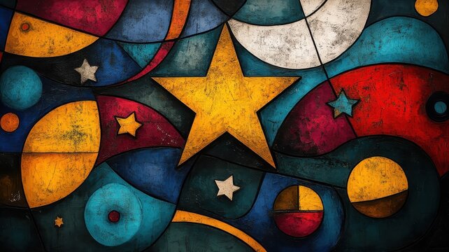 Stars depicted in abstract expressionism style with bold colors, chaotic forms, and dynamic patterns.