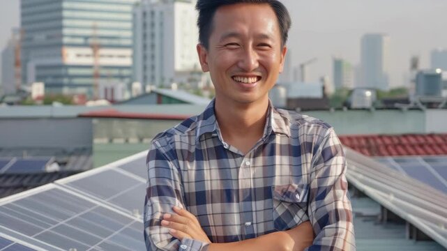 Smiling Asian man in front of solar panels