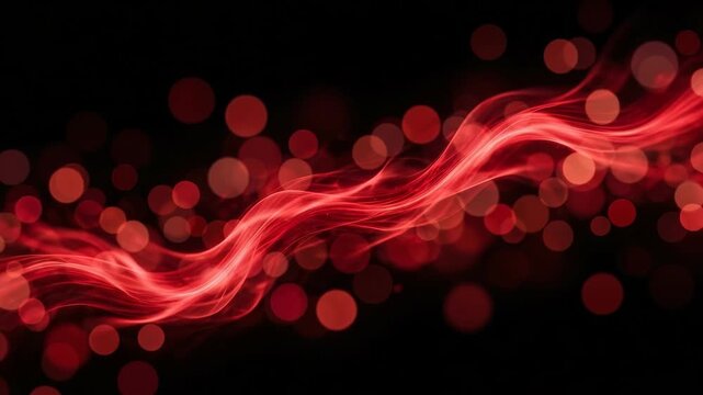 Abstract red smoke wave flowing through glowing bokeh light circles on a black background