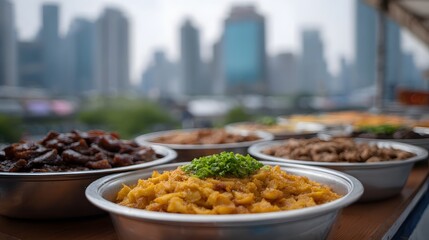 Fototapeta premium A diverse buffet of prepared dishes is displayed outdoors with a blurred city skyline in the background