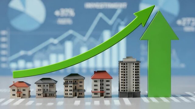 Green arrow rising above various model houses over a blue financial investment growth chart background