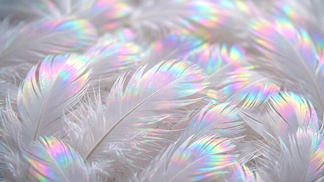 Soft white bird feathers covered in vibrant iridescent rainbow shimmer with an ethereal glowing light texture