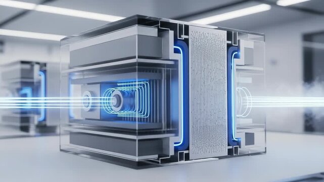Futuristic transparent microchip processor cube with glowing blue energy flow and laser pulses in a high tech laboratory